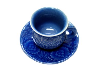 画像3: セラドン焼き　コーヒーカップ＆ソーサー　ブルー　花