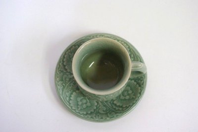 画像3: セラドン焼き　コーヒーカップ＆ソーサー　花